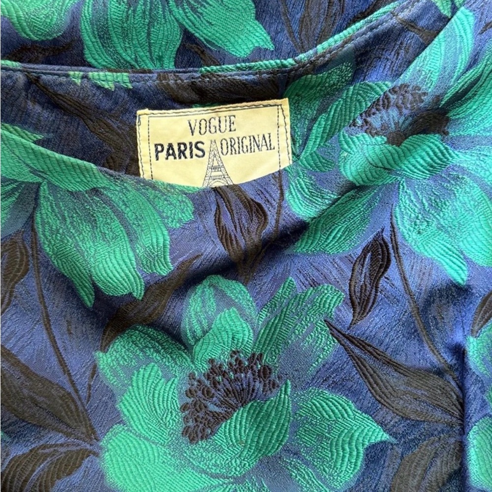 1950's Brilliant Blue & Green Floral Silk Brocade Cocktail Dress - Picture 6 of 6